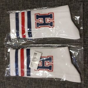 Initial H White Athletic Socks with Red and Blue Stripes
